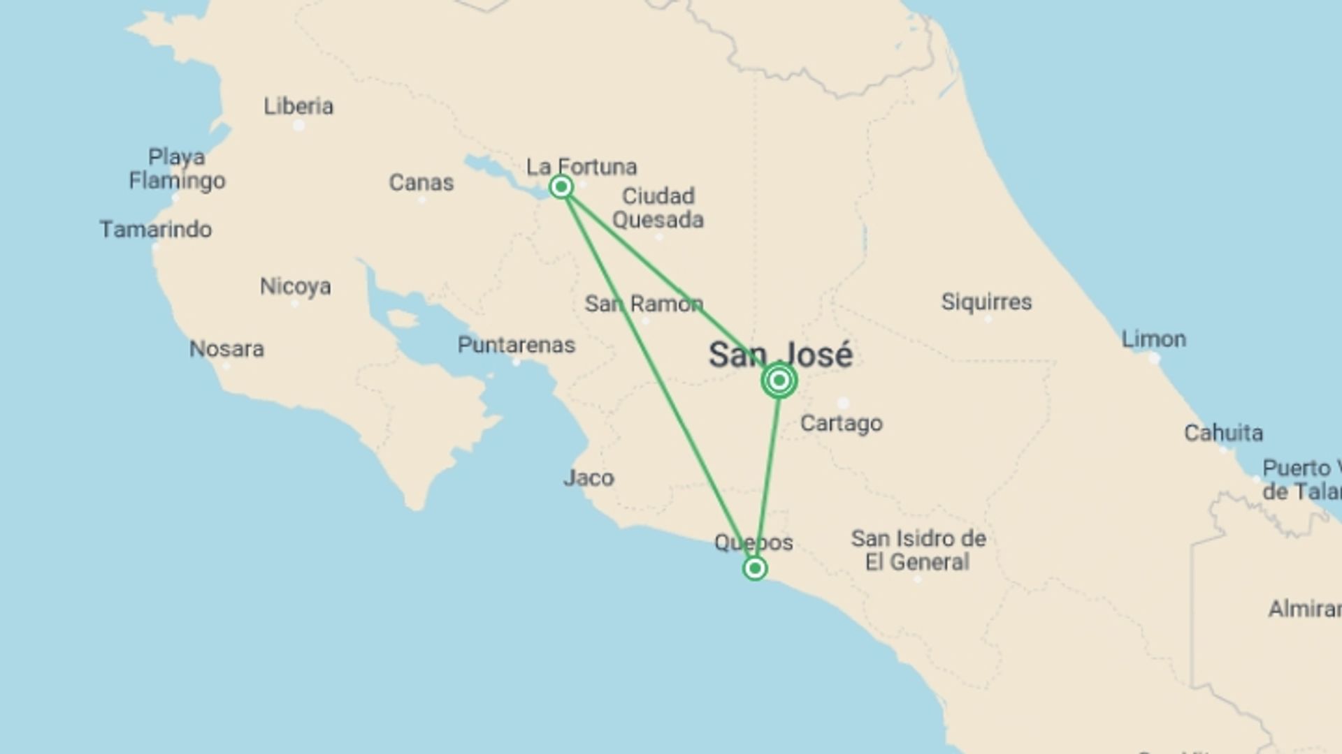 A map showing the tour itinerary for the trip: Costa Rican Adventure, starting in San Jose, Costa Rica and ending in San Jose, Costa Rica going through 4 other destinations.