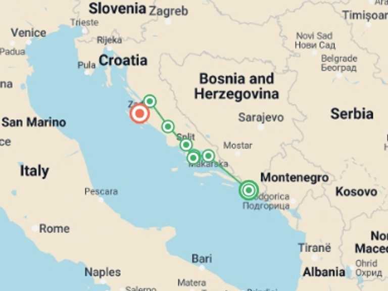 Map of Europe Tour with 7 destination visits for the trip: Walking Croatia: Islands & Mountains