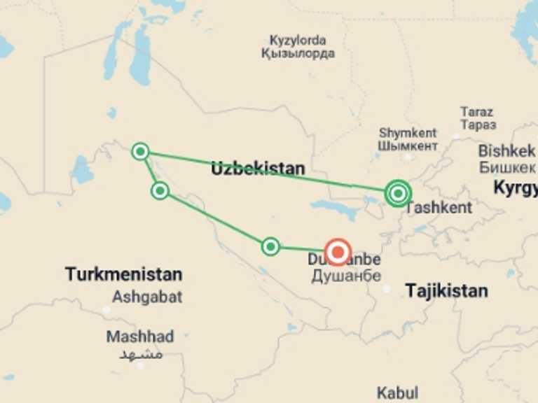 Map itinerary of Uzbekistan Tour in September 2025 with 5 destination visits for the trip: Upgraded - Treasures of Uzbekistan