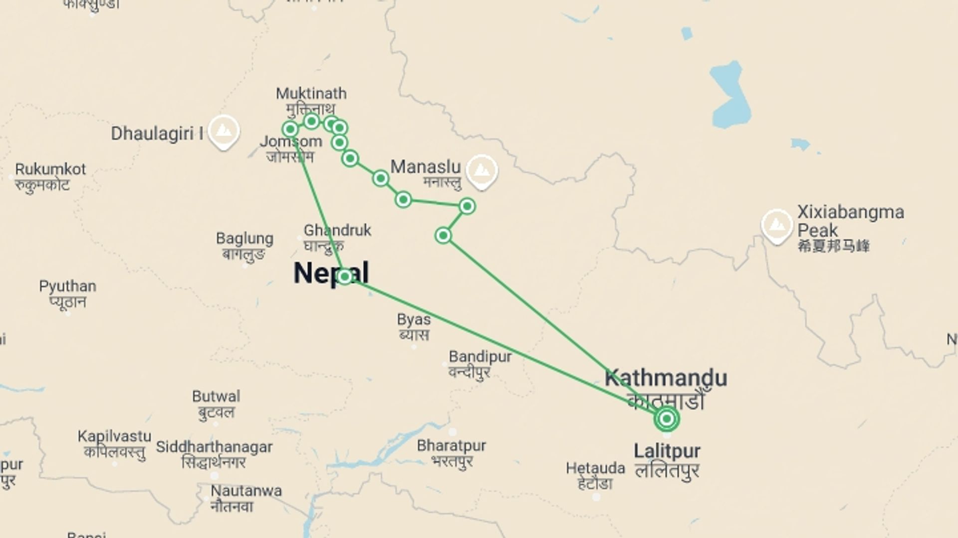 A map showing the tour itinerary for the trip: Annapurna Circuit Trek, starting in Kathmandu, Nepal and ending in Kathmandu, Nepal going through 11 other destinations.