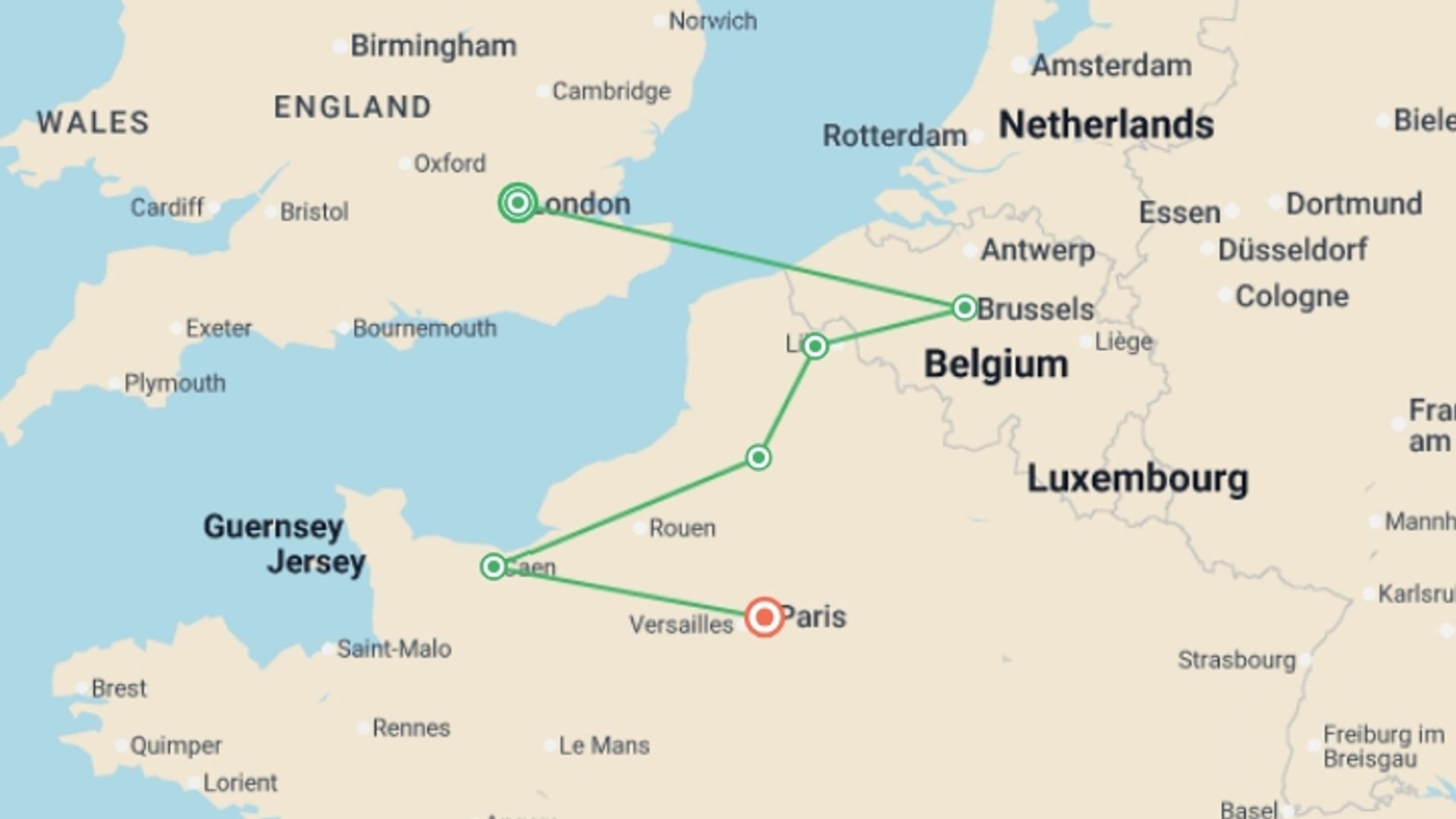A map showing the tour itinerary for the trip: WWI and WWII Battlefields, starting in London, England and ending in Paris, France going through 5 other destinations.