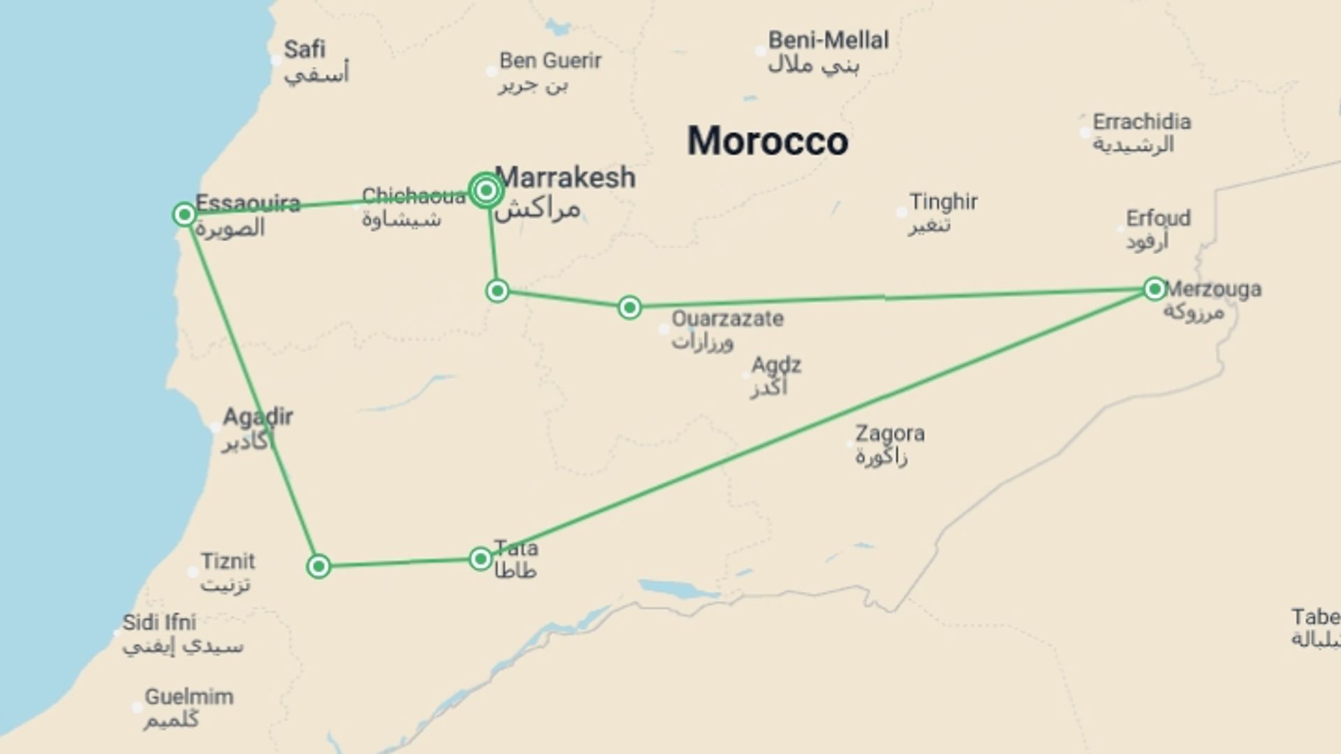 A map showing the tour itinerary for the trip: South Morocco Discovery, starting in Marrakech, Morocco and ending in Marrakech, Morocco going through 6 other destinations.