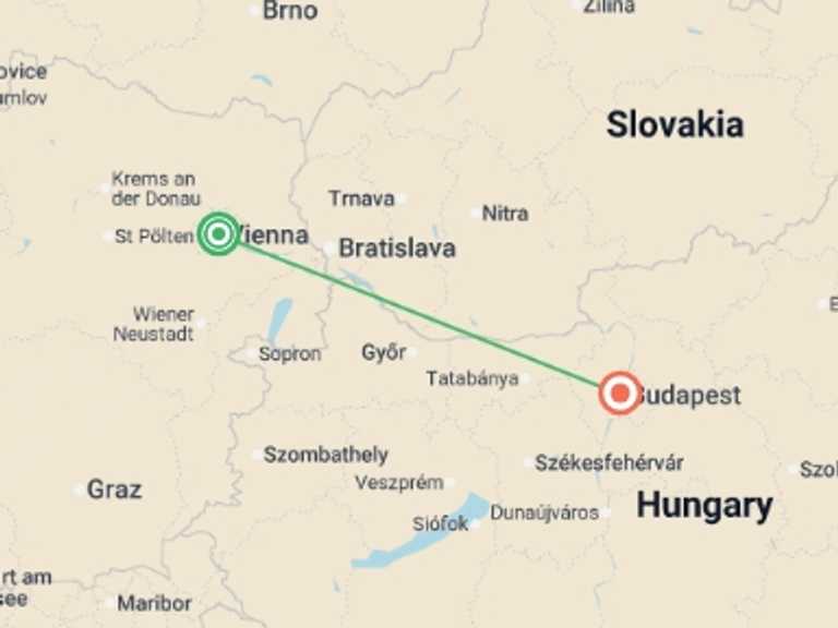 Map itinerary of Budapest Tour in December 2025 with 2 destination visits for the trip: Vienna and Budapest
