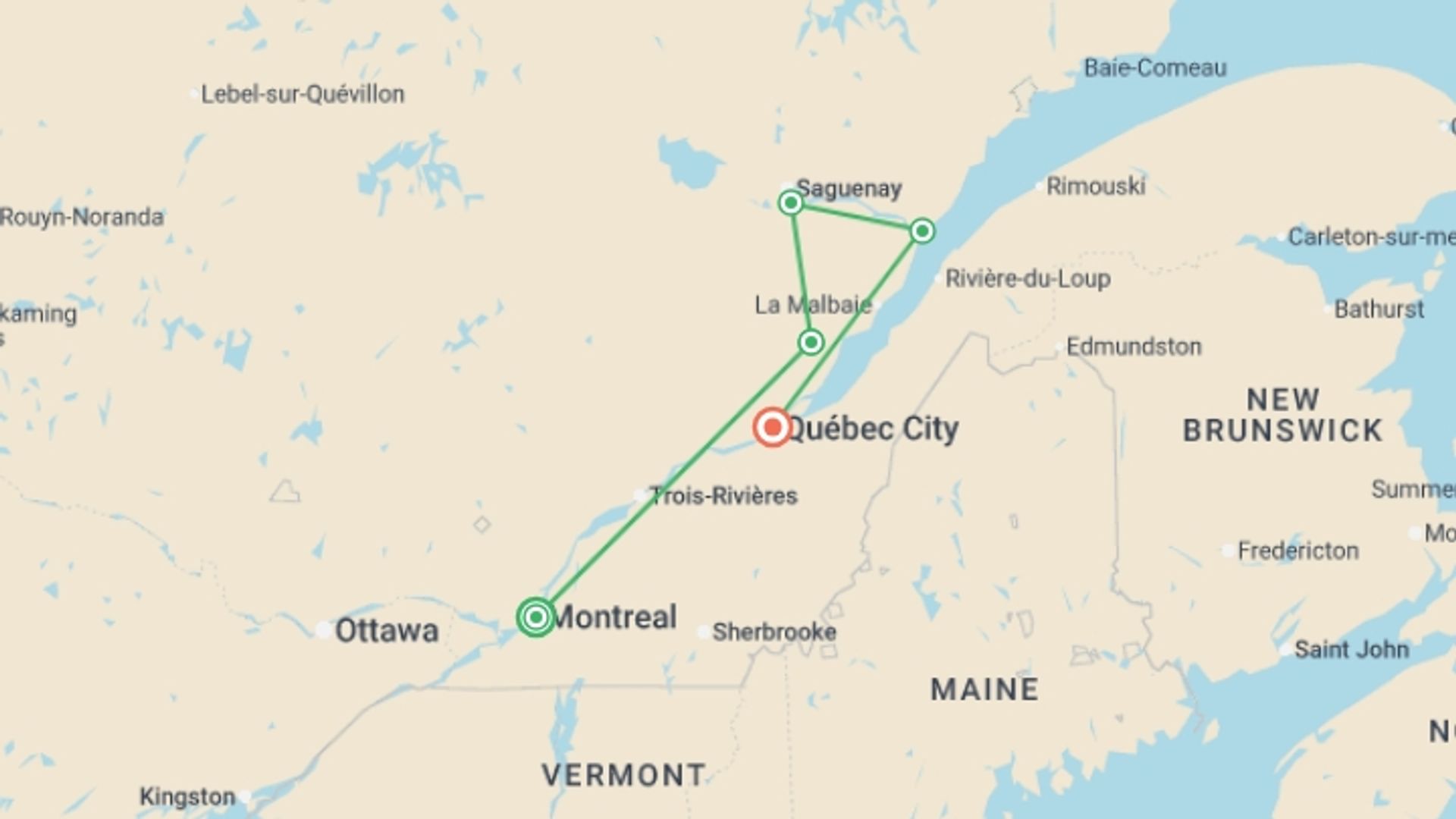 A map showing the tour itinerary for the trip: Discover Quebec, starting in Montreal, Canada and ending in Quebec City, Canada going through 3 other destinations.