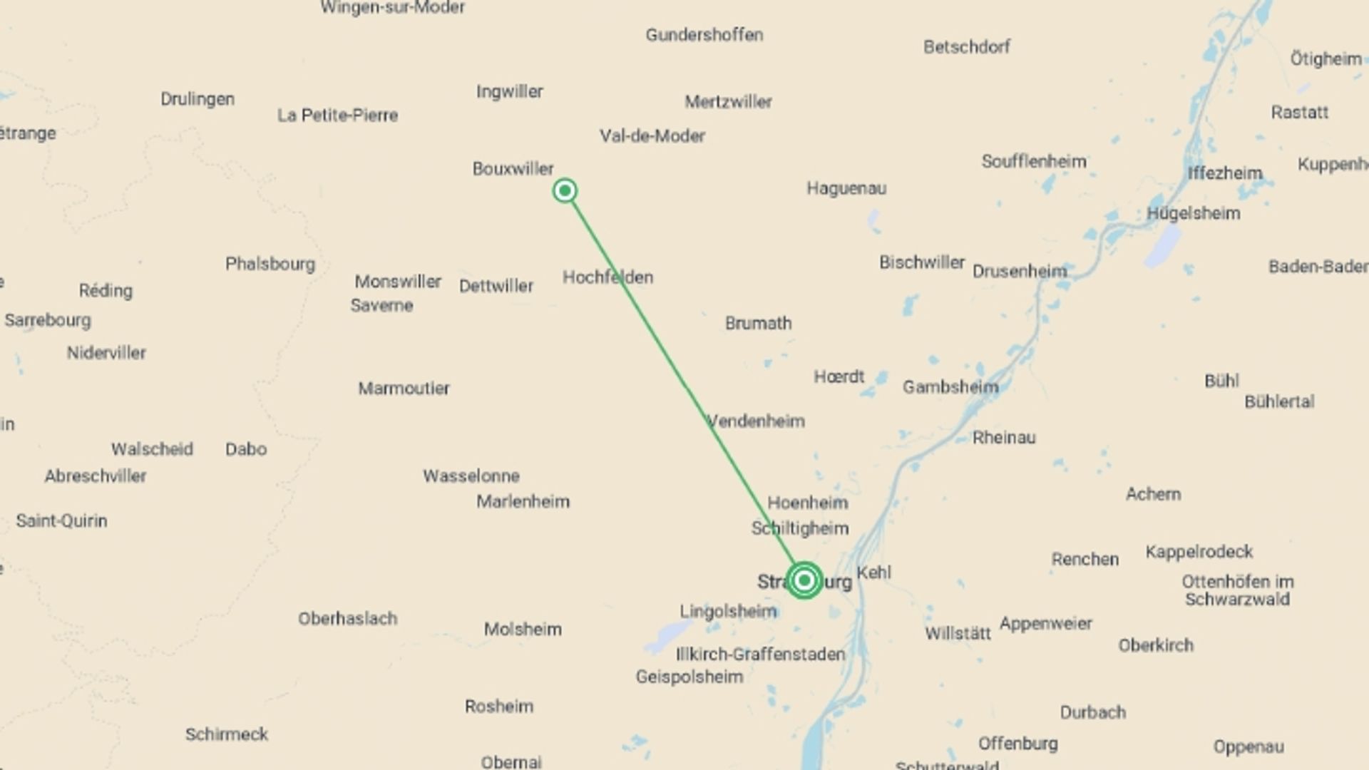 A map showing the tour itinerary for the trip: Christmas in Alsace and show at the Royal Palace (port-to-port), starting in Strasbourg, France and ending in Strasbourg, France going through 1 other destinations.