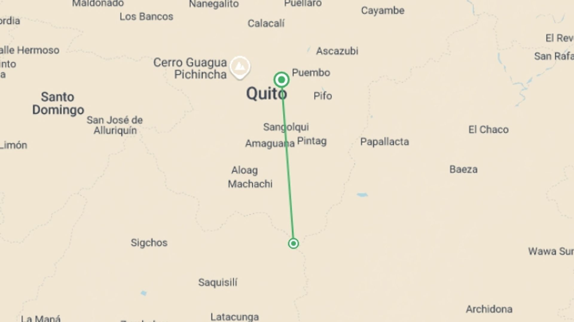 A map showing the tour itinerary for the trip: Magical Cloud Forest Tour, starting in Quito, Ecuador and ending in Quito, Ecuador going through 1 other destinations.