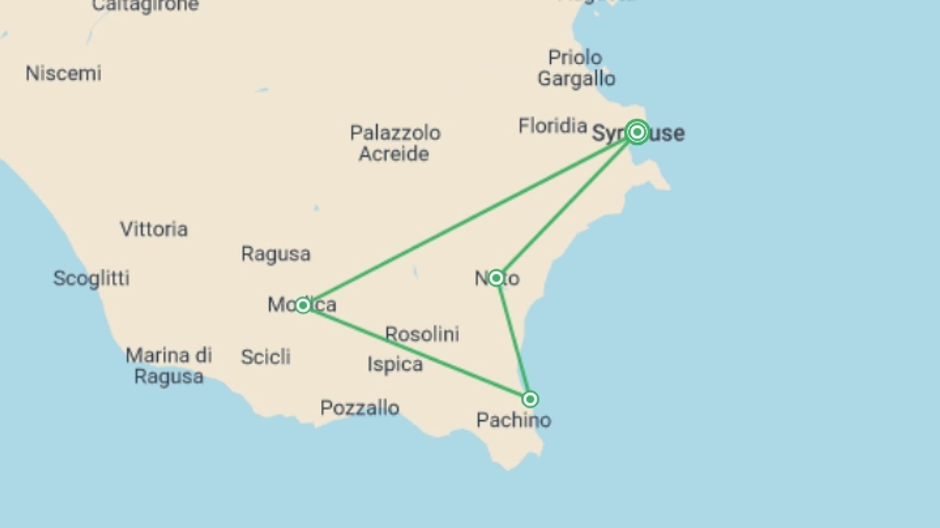 A map showing the tour itinerary for the trip: Cycling in Sicily, starting in Syracuse, Italy and ending in Syracuse, Italy going through 3 other destinations.