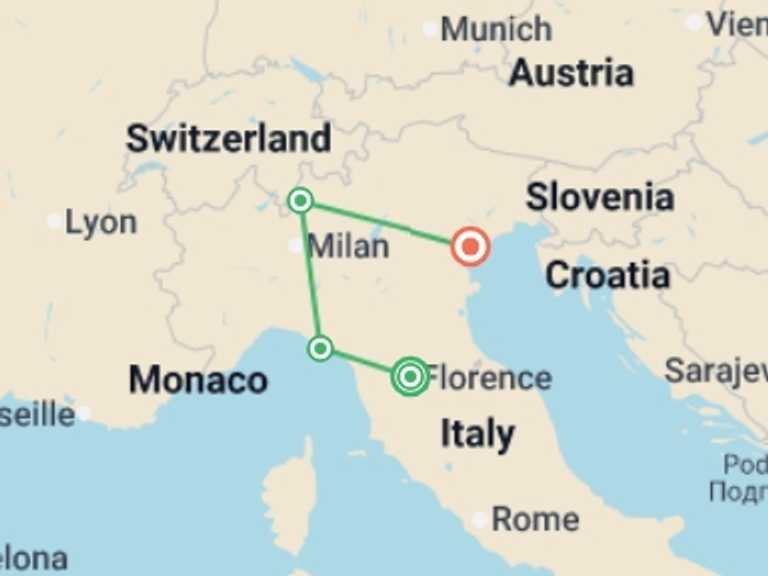 Map itinerary of Europe Tour in July 2026 with 4 destination visits for the trip: Solo-ish Italy
