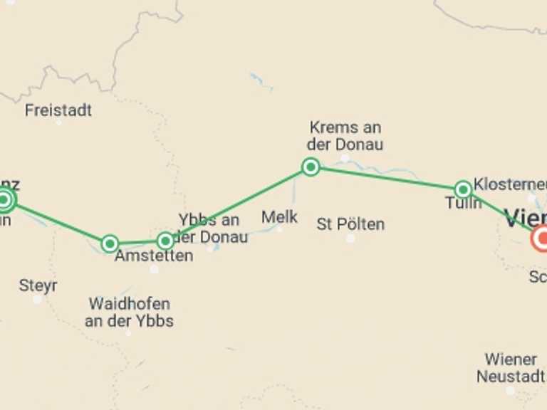 Map itinerary of Vienna Tour in October 2026 with 6 destination visits for the trip: Danube Family Cycle Adventure