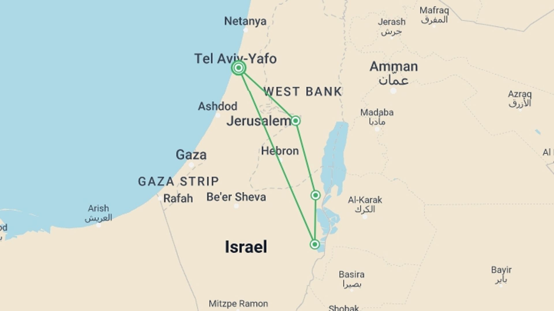A map showing the tour itinerary for the trip: Jerusalem, Masada And Dead Sea Tour, 2 Days From Tel Aviv, starting in Tel Aviv, Israel and ending in Tel Aviv, Israel going through 1 other destinations.