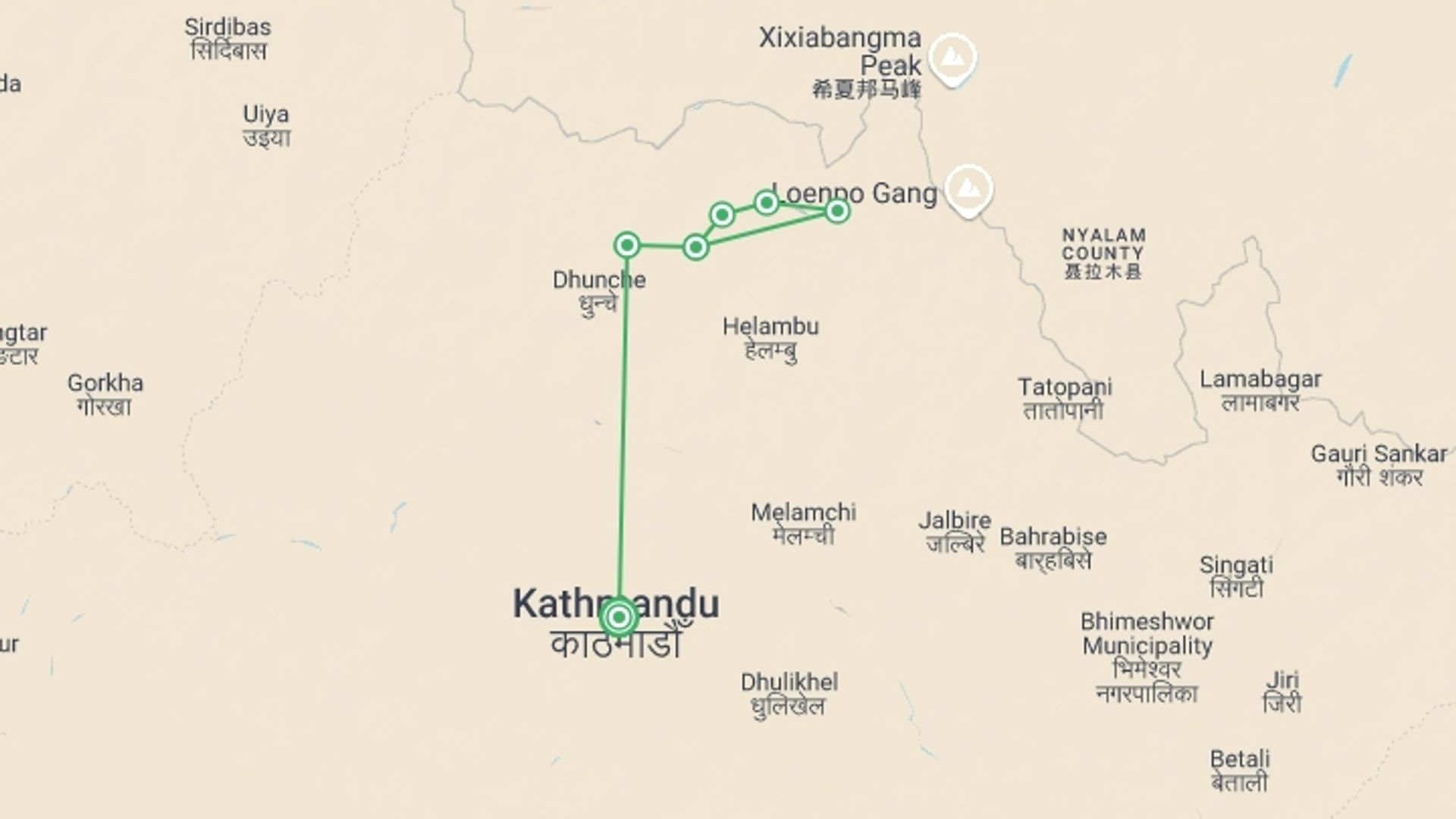 A map showing the tour itinerary for the trip: Langtang Short Trek, starting in Kathmandu, Nepal and ending in Kathmandu, Nepal going through 6 other destinations.