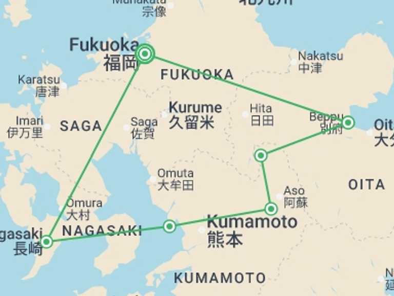 Map itinerary of Asia Tour in February 2027 with 6 destination visits for the trip: Highlights of Japan - Kyushu Island