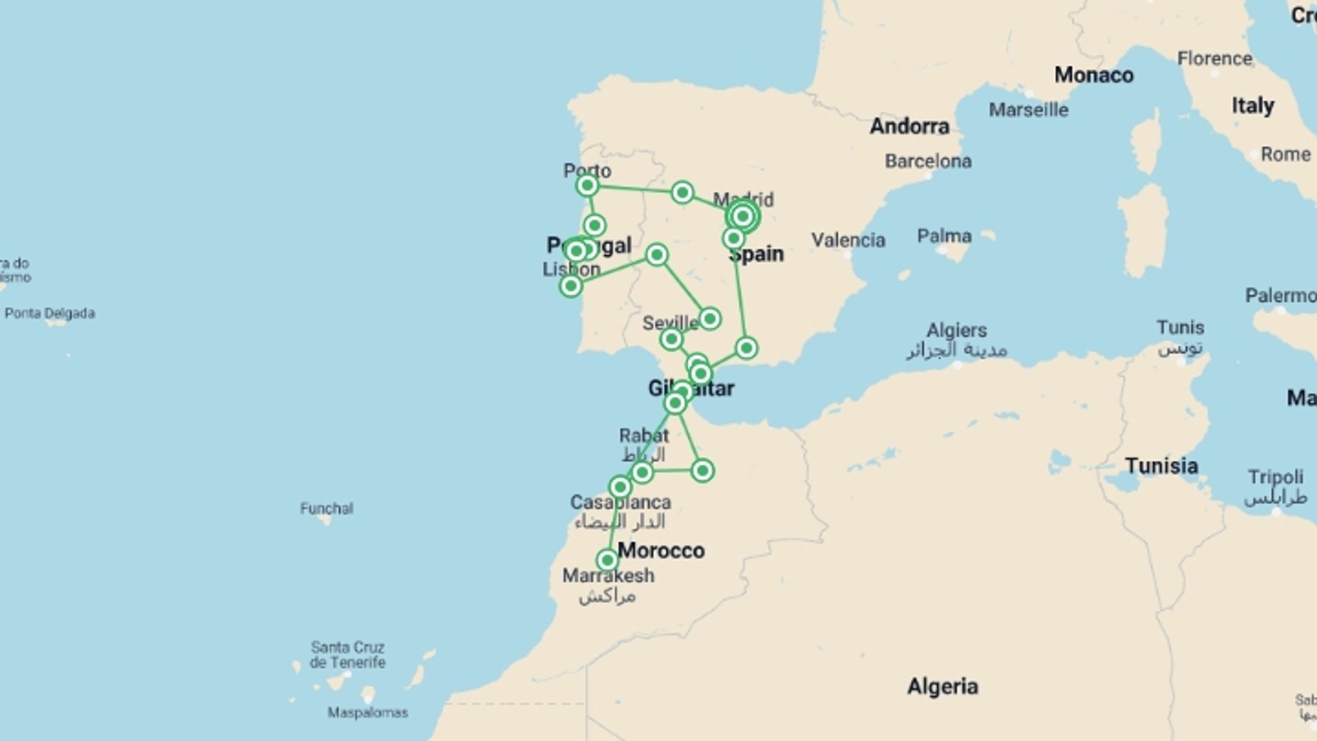 A map showing the tour itinerary for the trip: Spain, Portugal & Morocco Odyssey, starting in Madrid, Spain and ending in Madrid, Spain going through 5 other destinations.
