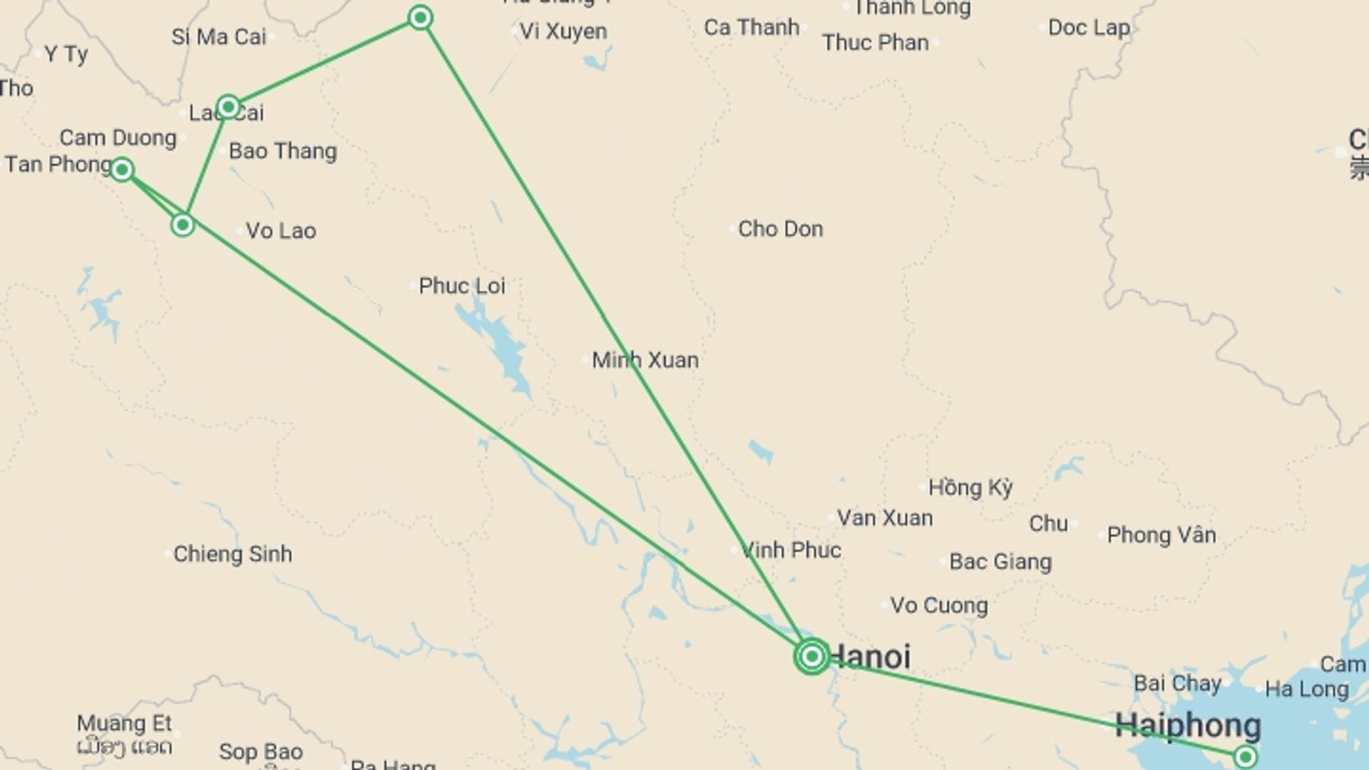 A map showing the tour itinerary for the trip: Hiking in Northern Vietnam, starting in Hanoi, Vietnam and ending in Hanoi, Vietnam going through 5 other destinations.