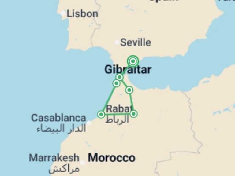 Map itinerary of Mediterranean Tour in June 2026 with 4 destination visits for the trip: Costa del Sol to Rabat & Fes - 4 days
