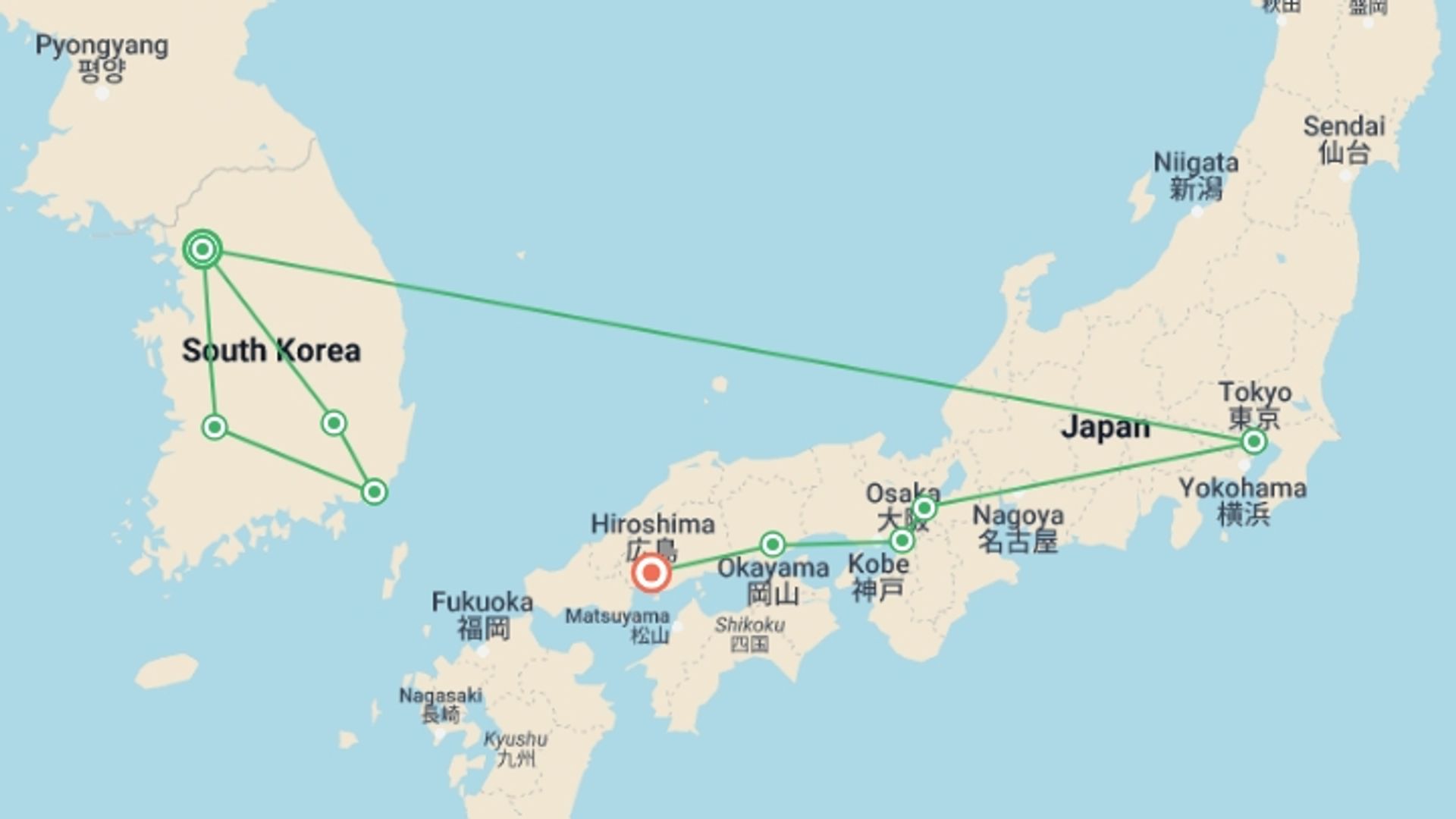 A map showing the tour itinerary for the trip: Unforgettable Korea and Japan, starting in Seoul, South Korea and ending in Hiroshima, Japan going through 7 other destinations.