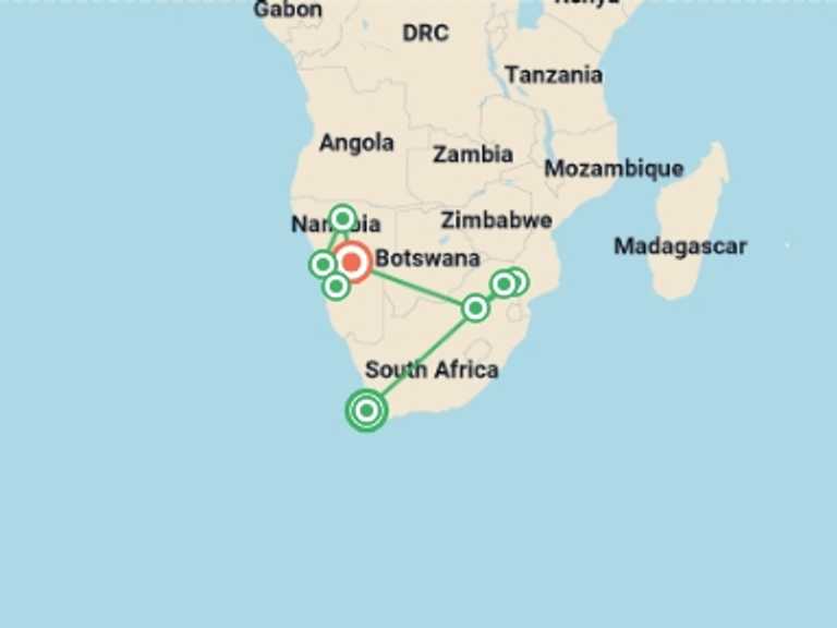 Map of Windhoek Wildlife Tour with 8 destination visits for the trip: Journeys: Cape Town, Kruger & Namibia
