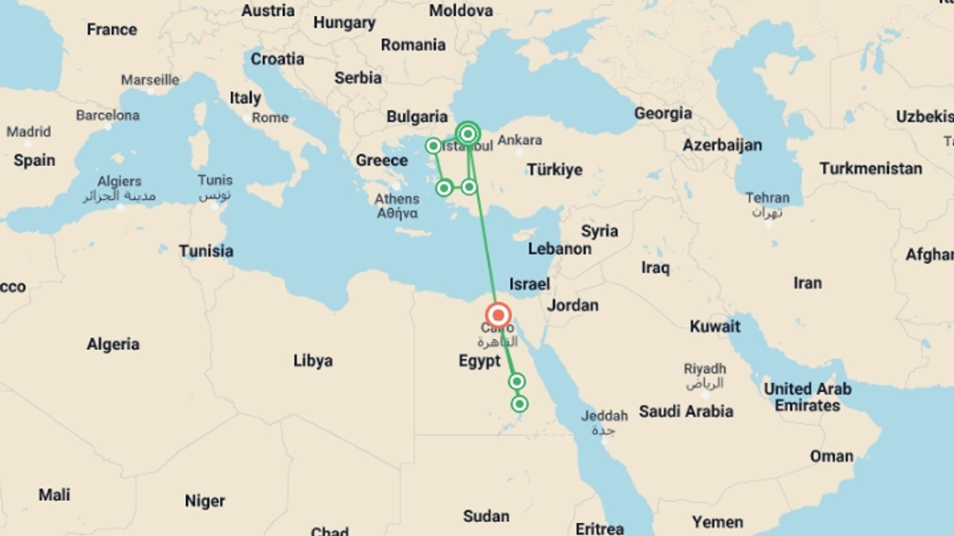 A map showing the tour itinerary for the trip: Turkey & Tutankhamun with Cruise - 16 days, starting in Istanbul, Turkey and ending in Cairo, Egypt going through 4 other destinations.
