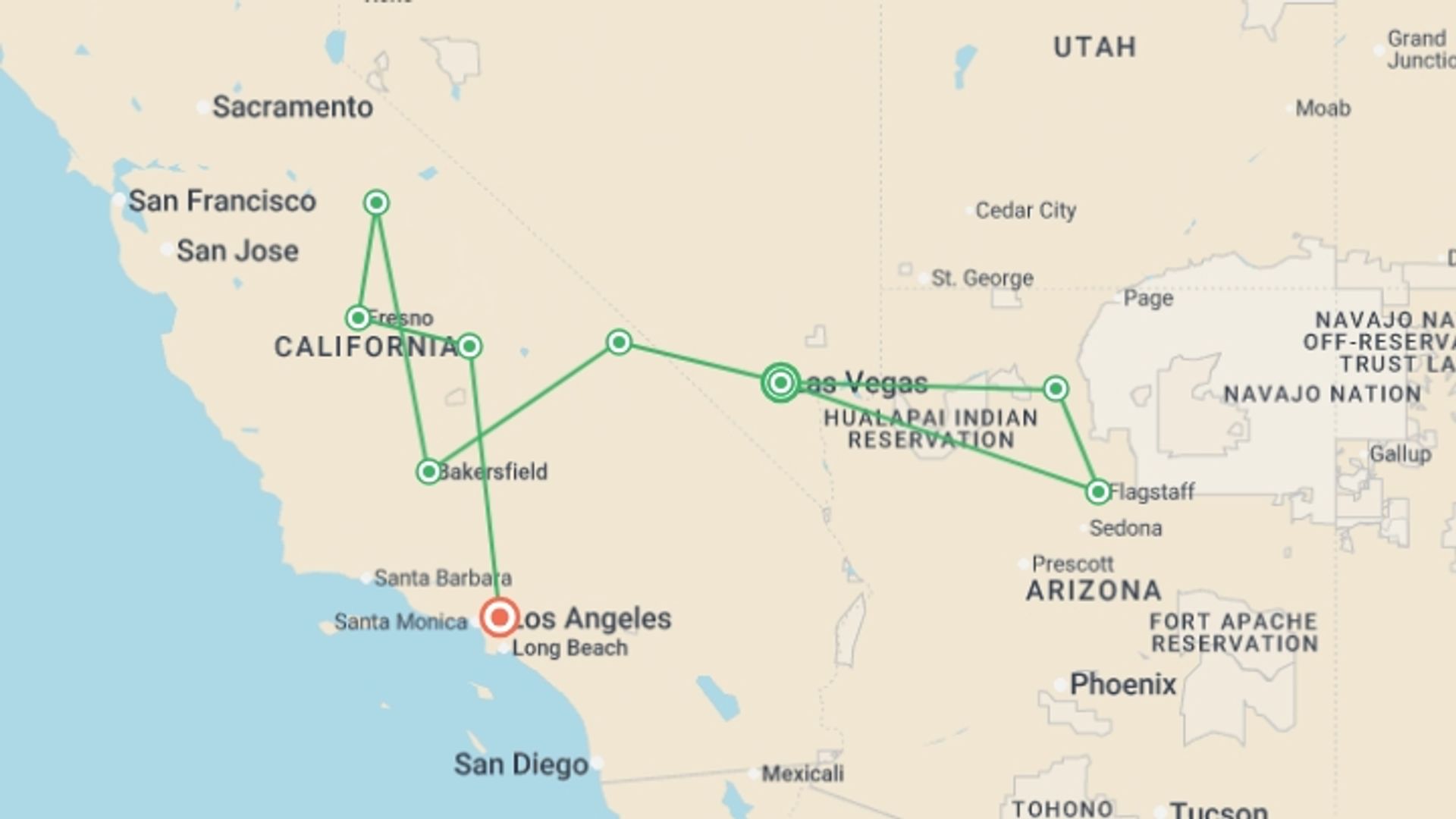A map showing the tour itinerary for the trip: West Park from Las Vegas, starting in Las Vegas, USA and ending in Los Angeles, USA going through 3 other destinations.