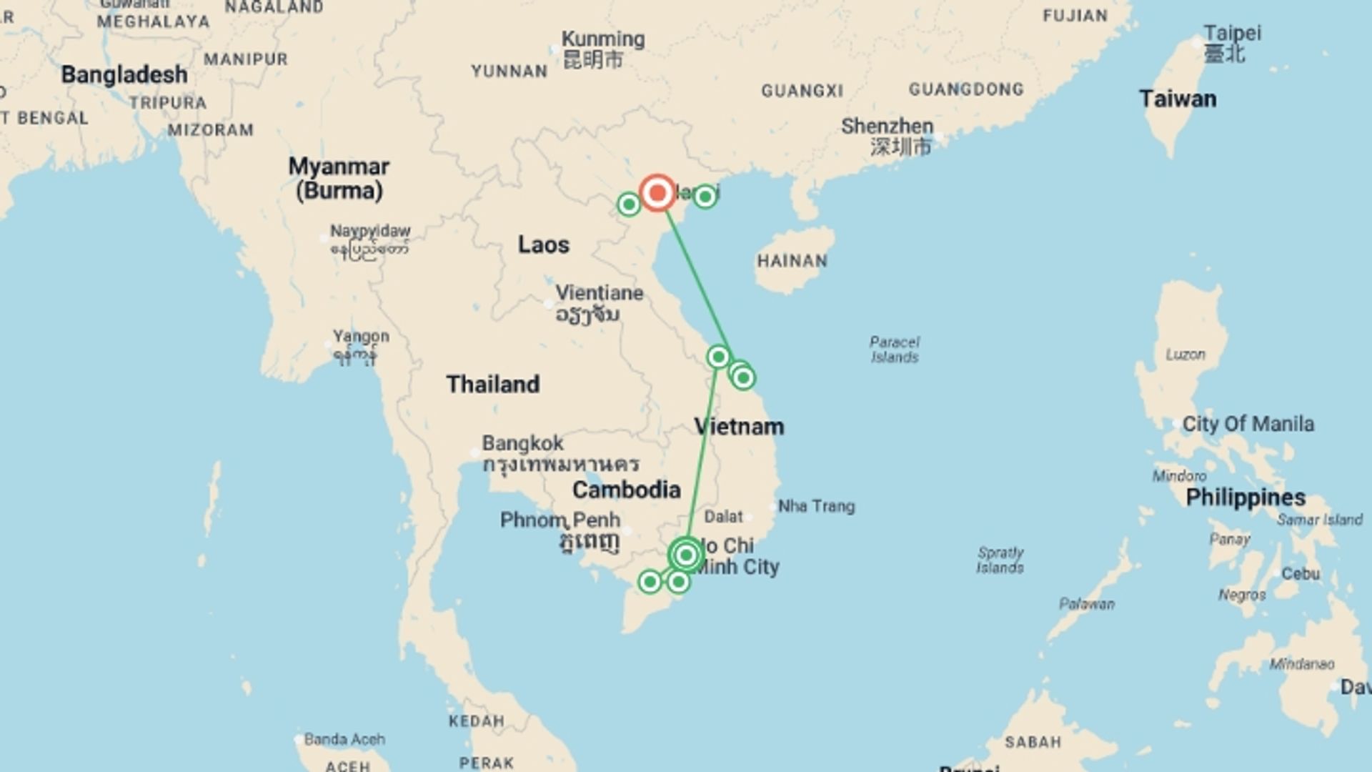 A map showing the tour itinerary for the trip: Ho Chi Minh City to Hanoi & Mai Chau - 12 days, starting in Ho Chi Minh City, Vietnam and ending in Hanoi, Vietnam going through 4 other destinations.