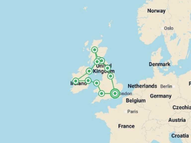 Map of Europe Tour with 12 destination visits for the trip: UK & Ireland: Panoramas & Pubs