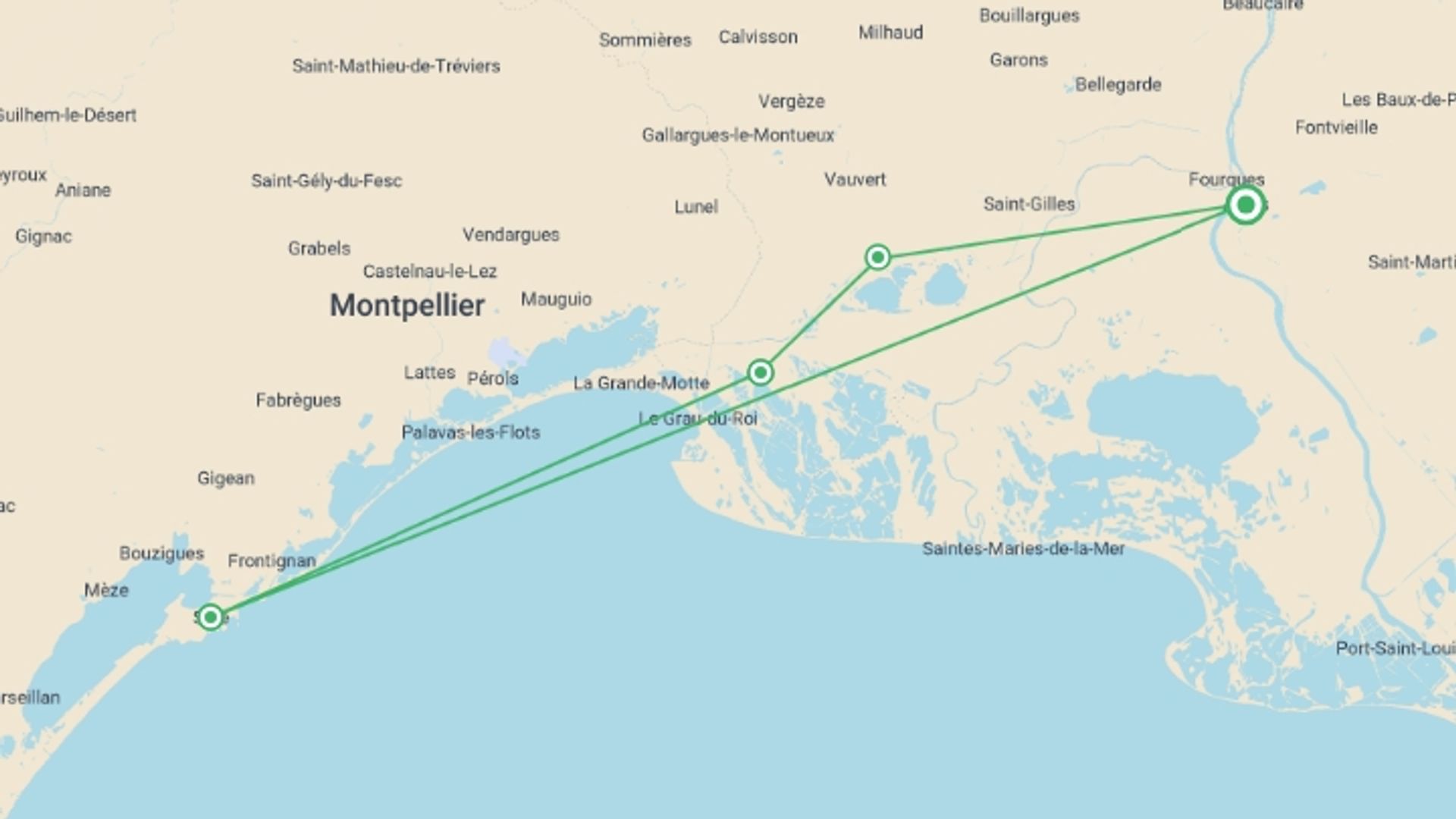 A map showing the tour itinerary for the trip: Charming Provence : a barge cruise in Southern France (port-to-port cruise), starting in Les Baux & Arles, France and ending in Les Baux & Arles, France going through 6 other destinations.