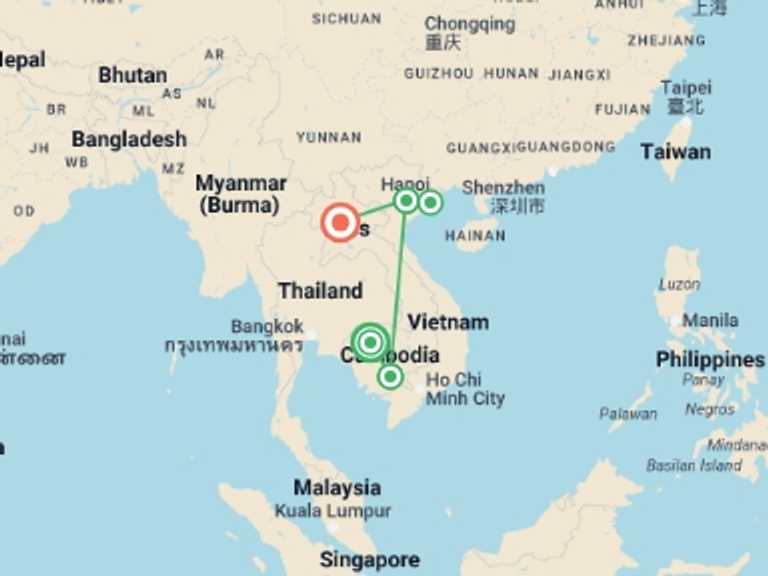 Map itinerary of Hanoi Tour in July 2026 with 6 destination visits for the trip: Indochina's Triangular Exploration In 10 Days