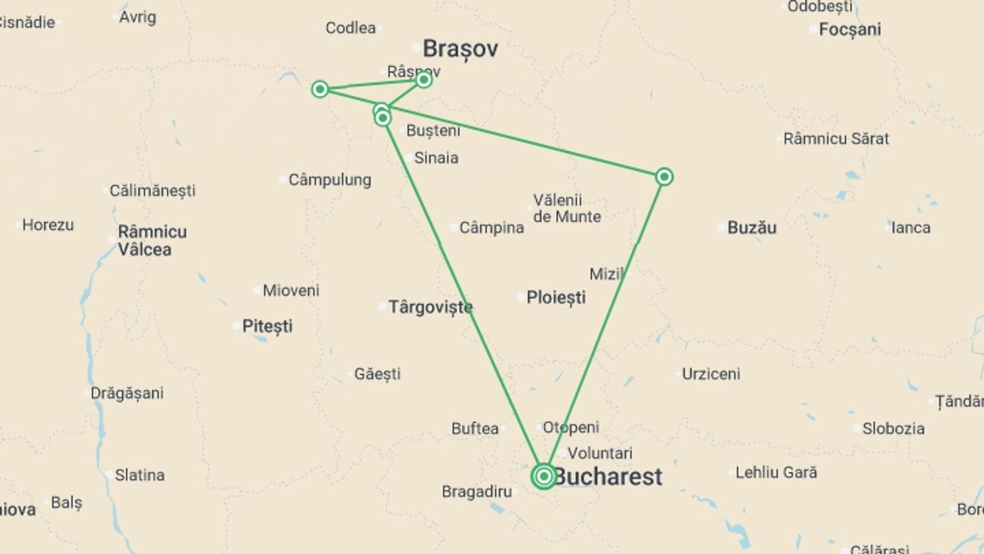 A map showing the tour itinerary for the trip: Summits of the Transylvanian Alps, starting in Bucharest, Romania and ending in Bucharest, Romania going through 5 other destinations.