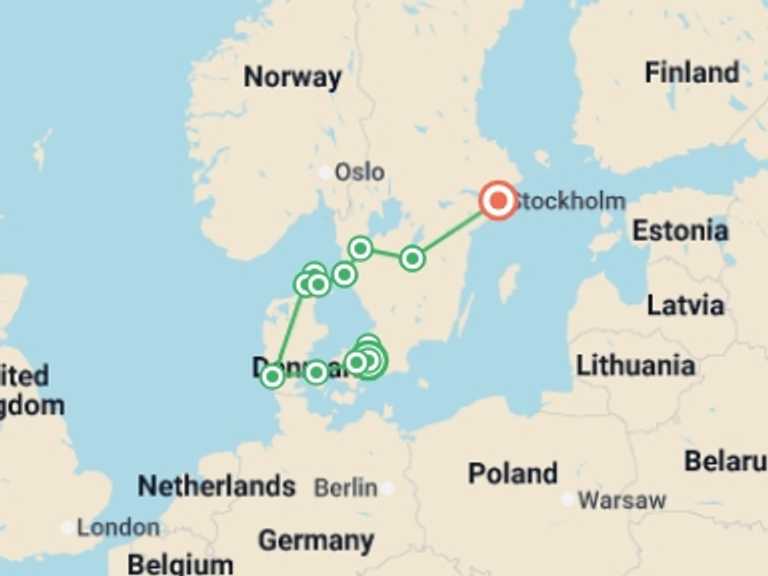 Map itinerary of Northern Europe Tour in May 2026 with 7 destination visits for the trip: A Scandinavian Journey: Denmark to Sweden