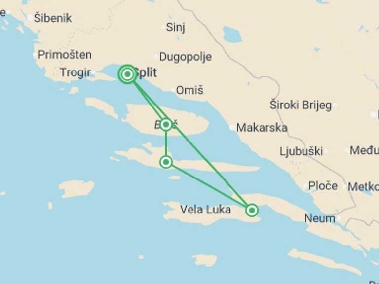 Map itinerary of Europe Tour in Fall with 4 destination visits for the trip: Croatia Family Island Hopping, 11 Days