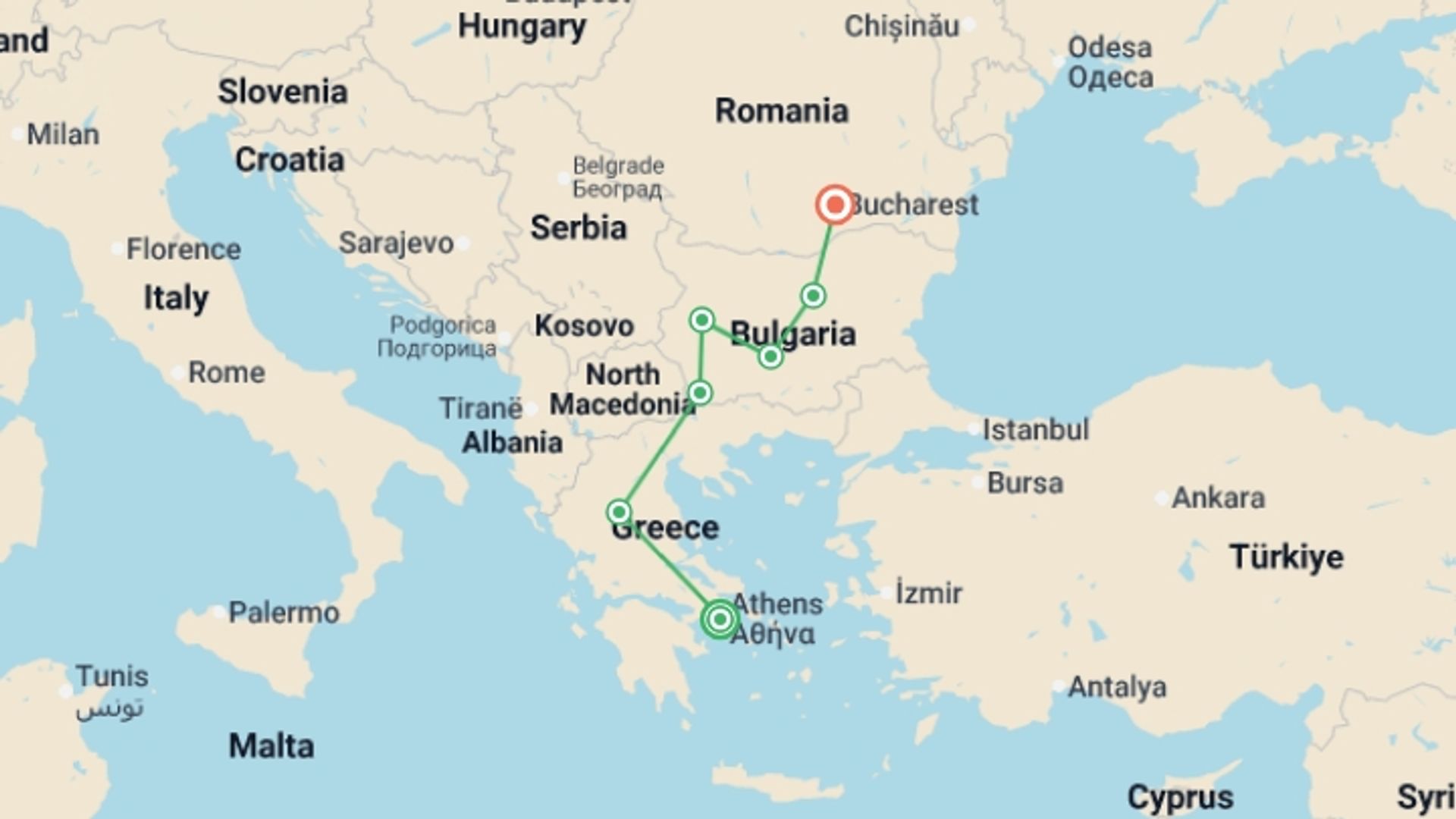 A map showing the tour itinerary for the trip: From Athens to Bucharest, starting in Athens, Greece and ending in Bucharest, Romania going through 5 other destinations.