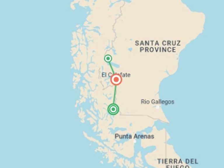 Map of Argentina and Chile Tour with 4 destination visits for the trip: Patagonia Trail