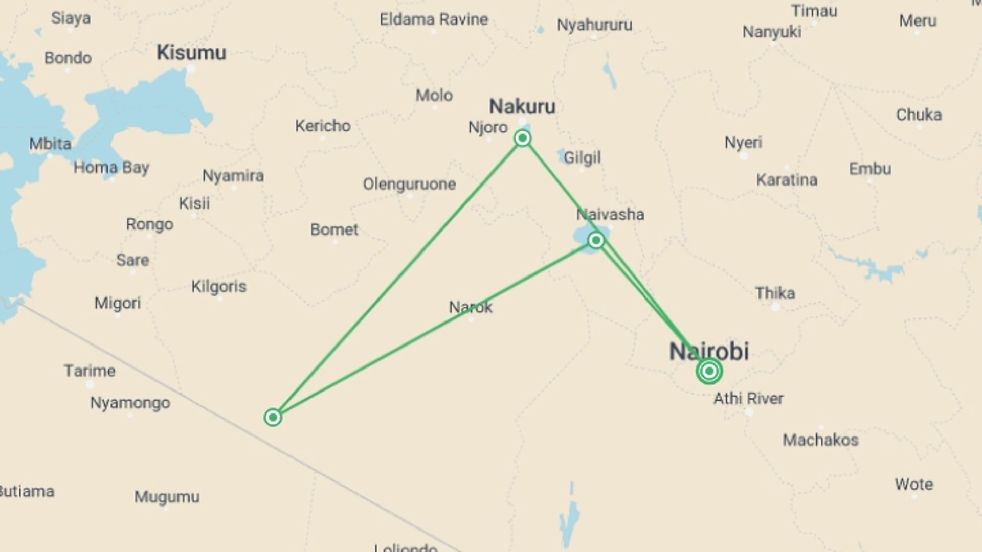 A map showing the tour itinerary for the trip: Kenya Safari Migration & Cycling at Hells Gate Park , starting in Nairobi, Kenya and ending in Nairobi, Kenya going through 4 other destinations.