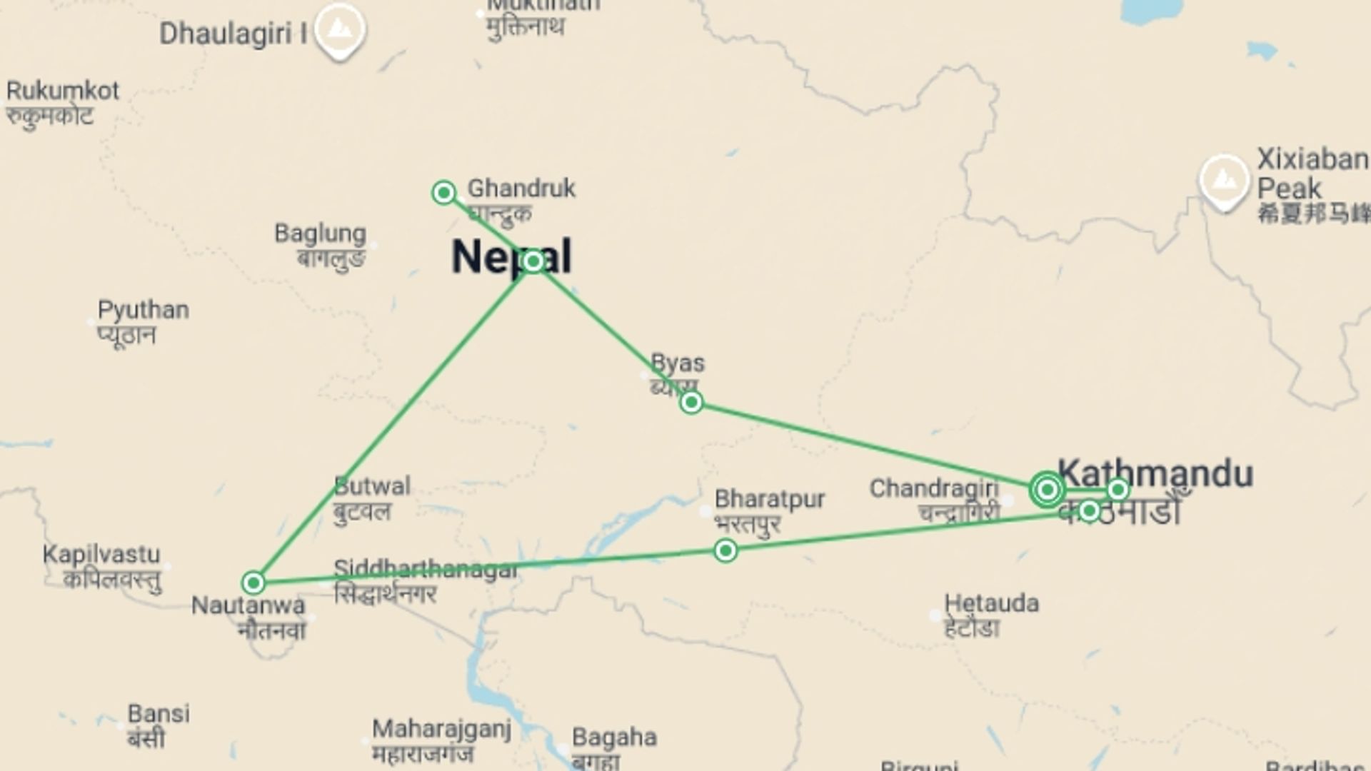 A map showing the tour itinerary for the trip: Essential Nepal Adventure - 13 days, starting in Kathmandu, Nepal and ending in Kathmandu, Nepal going through 7 other destinations.