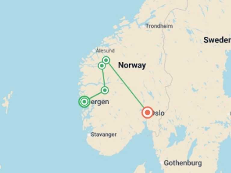 Map of Europe Tour with 5 destination visits for the trip: Signature: Norway's Fjords & Mountain Vistas