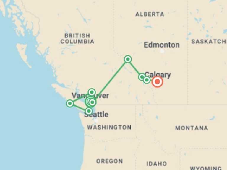 Map itinerary of Canada Tour in Fall with 10 destination visits for the trip: Canadian Rockies: National Parks Eastbound