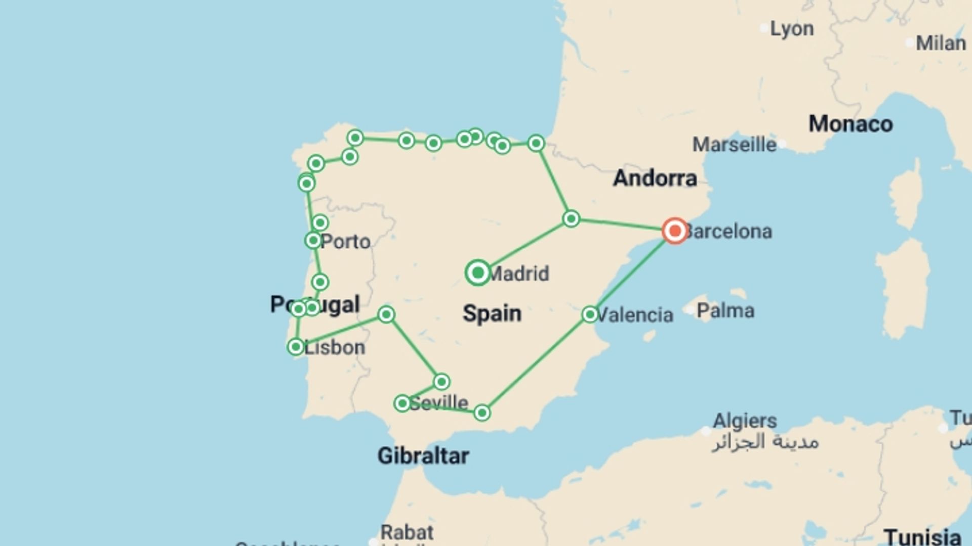 A map showing the tour itinerary for the trip: Iberican Tour From Madrid, starting in Madrid, Spain and ending in Barcelona, Spain going through 12 other destinations.