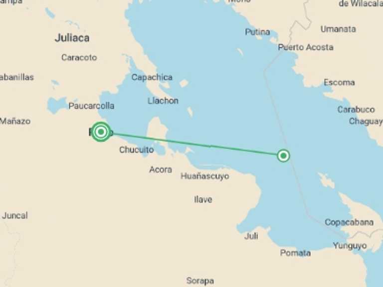 Map of 2-Day Peru Tour with 2 destination visits for the trip: Lake Titicaca Catamaran 2D/1N (Puno to Puno)