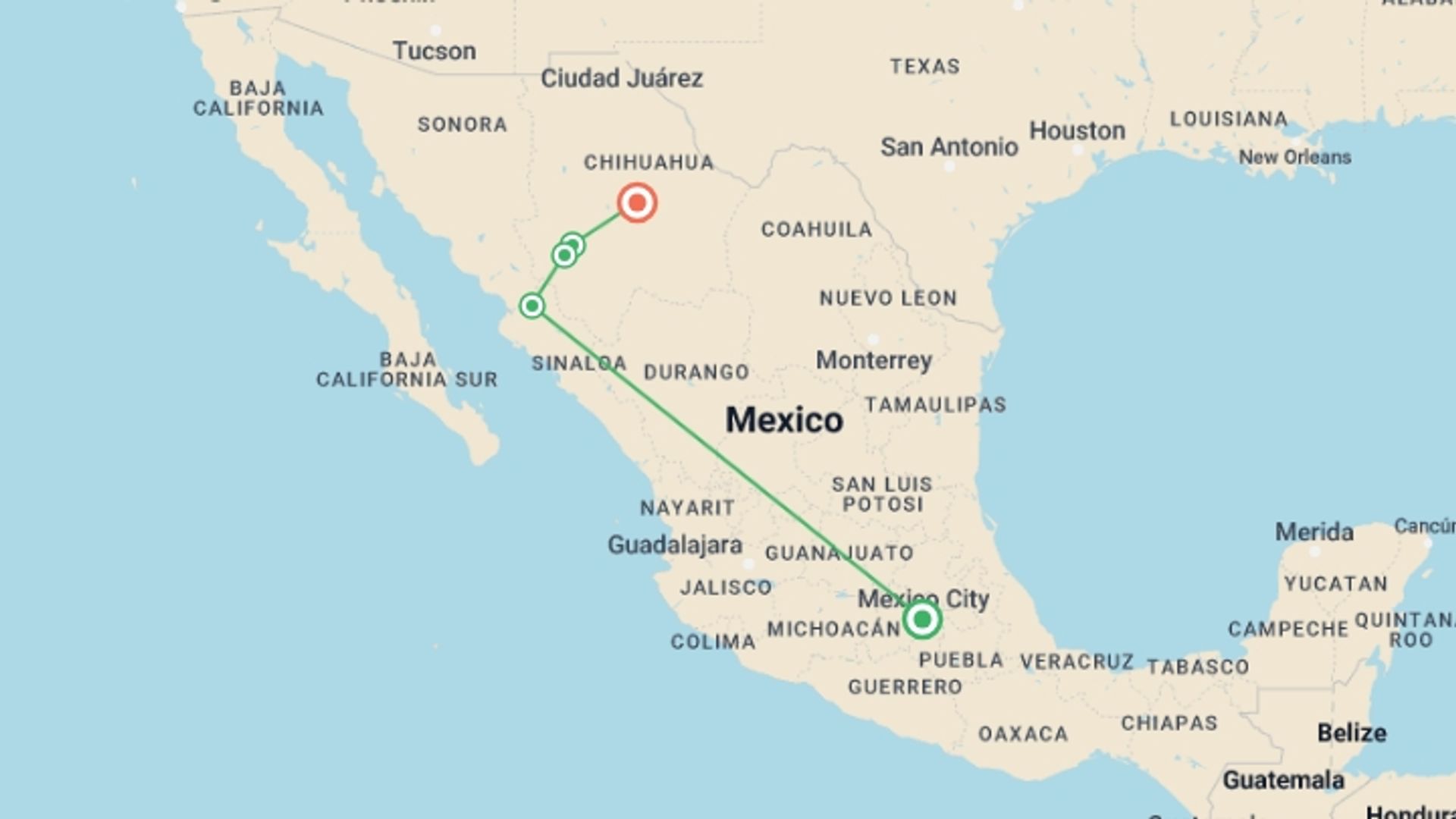 A map showing the tour itinerary for the trip: Raramuri Tour, starting in Mexico City, Mexico and ending in Chihuahua, Mexico going through 3 other destinations.