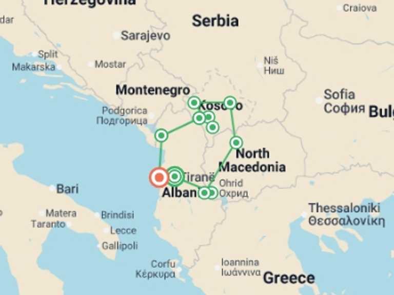 Map of Europe Cultural, religious and historic sites Tour with 12 destination visits for the trip: Undiscovered Balkans