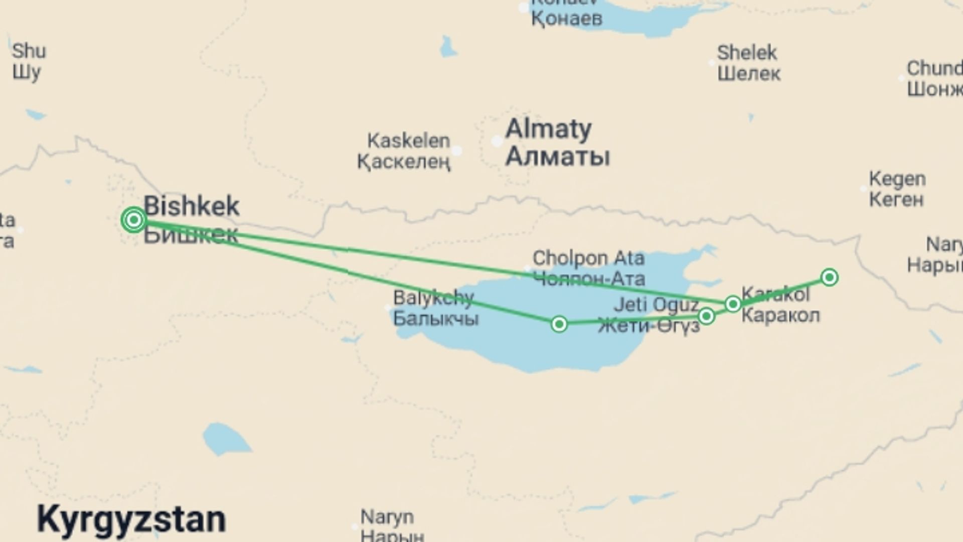 A map showing the tour itinerary for the trip: Kyrgyzstan: Trekking the Tien Shan Trails, starting in Bishkek, Kyrgyzstan and ending in Bishkek, Kyrgyzstan going through 4 other destinations.