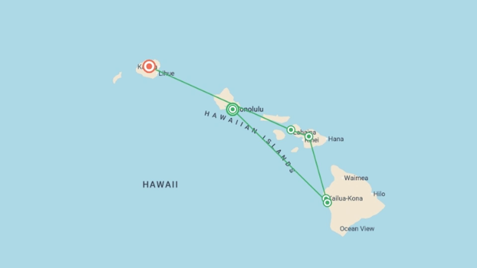 A map showing the tour itinerary for the trip: Hawaiian Discovery, starting in Honolulu, USA and ending in Kauai, USA going through 5 other destinations.