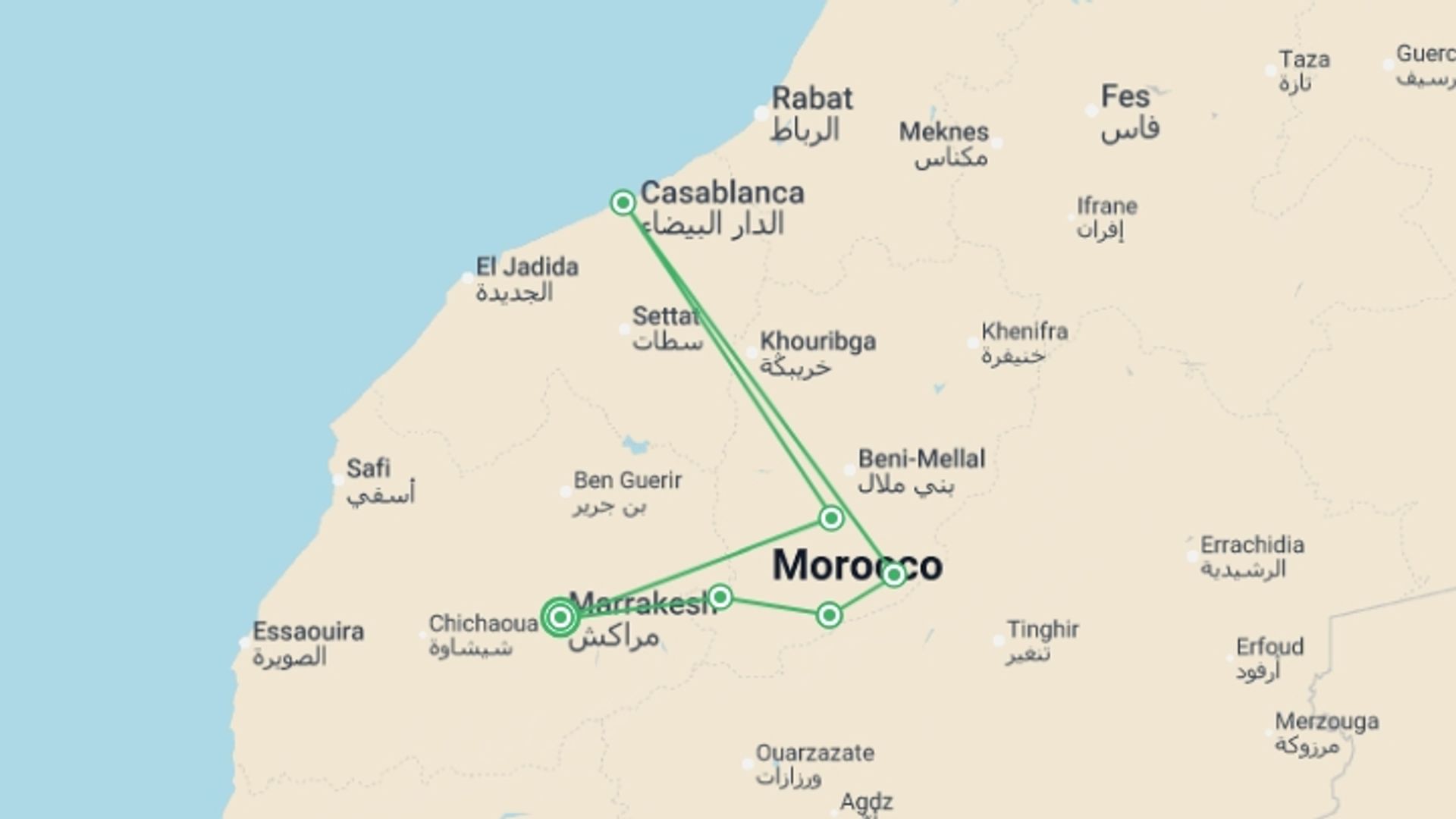 A map showing the tour itinerary for the trip: Cycling Morocco - 8 days, starting in Marrakech, Morocco and ending in Marrakech, Morocco going through 4 other destinations.