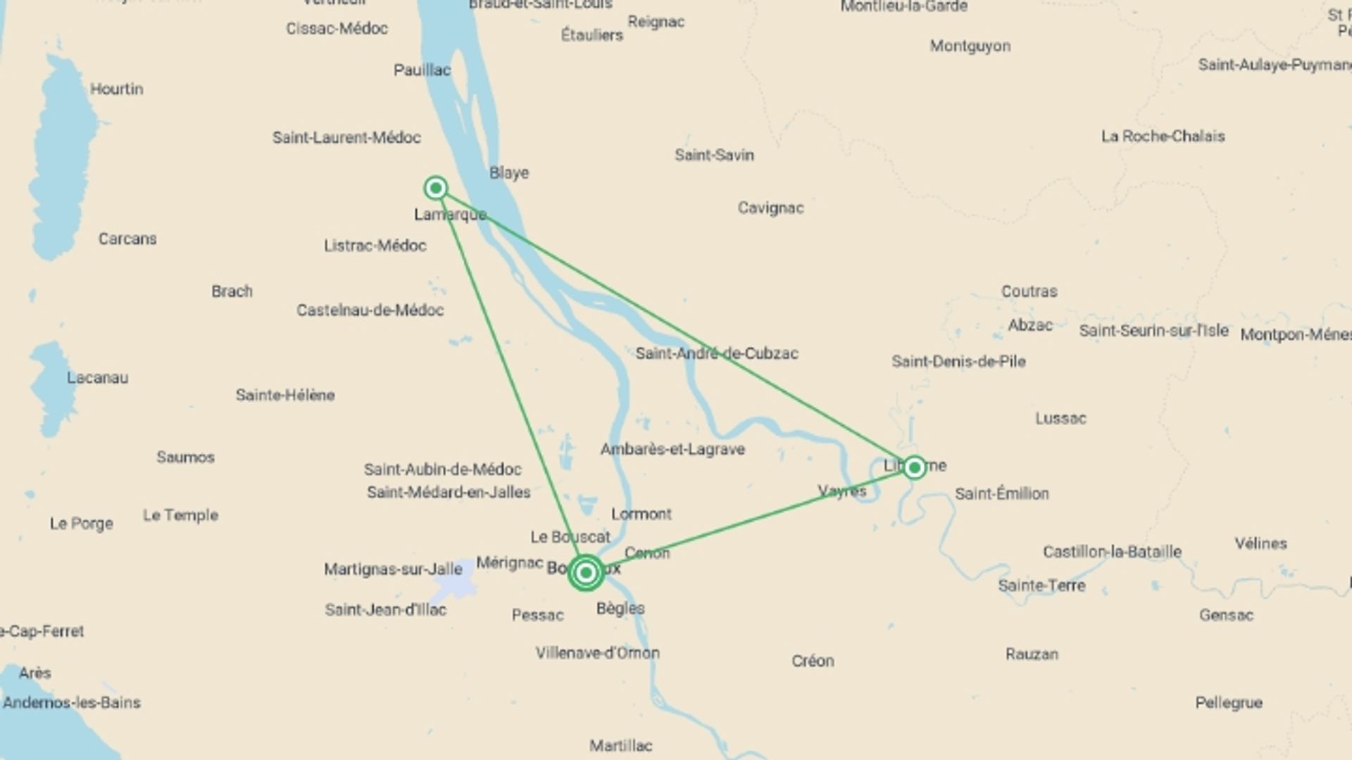 A map showing the tour itinerary for the trip: In the heart of the South-West terroirs: from Bordeaux to the vineyards of the Médoc (port-to-port cruise), starting in Bordeaux, France and ending in Bordeaux, France going through 2 other destinations.