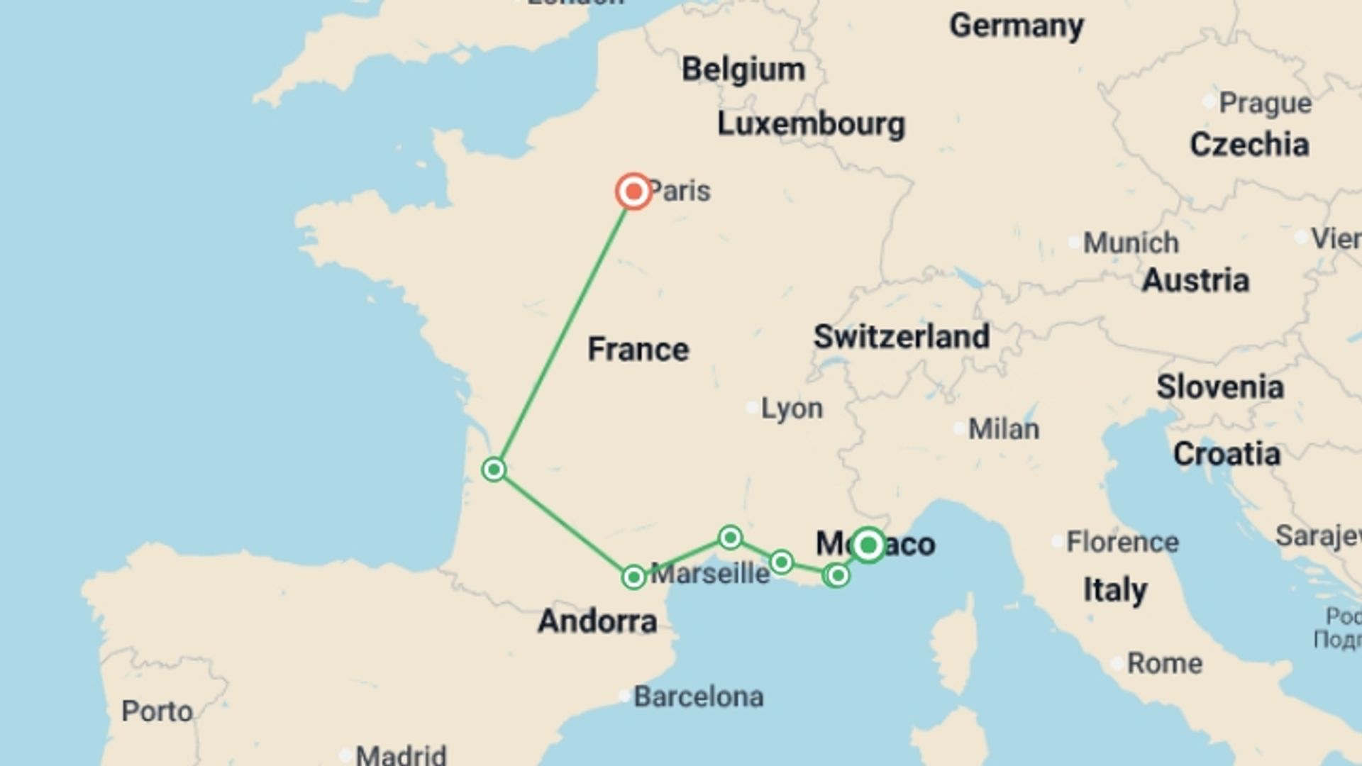 A map showing the tour itinerary for the trip: Ultimate France, starting in Nice, France and ending in Paris, France going through 6 other destinations.