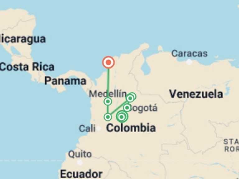 Map of a Active and outdoor Tour with 10 destination visits for the trip: Contrasts of Colombia