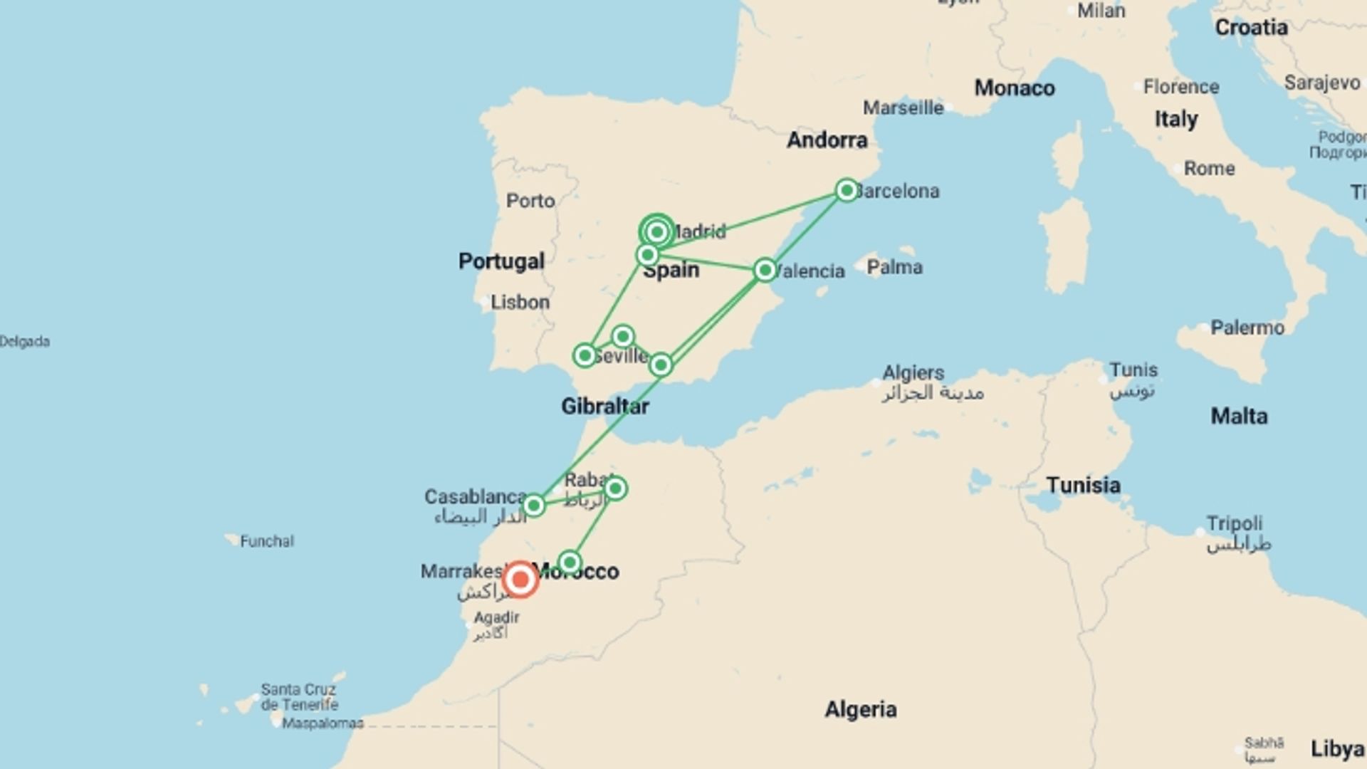 A map showing the tour itinerary for the trip: Premium Spain & Morocco, starting in Madrid, Spain and ending in Marrakech, Morocco going through 8 other destinations.