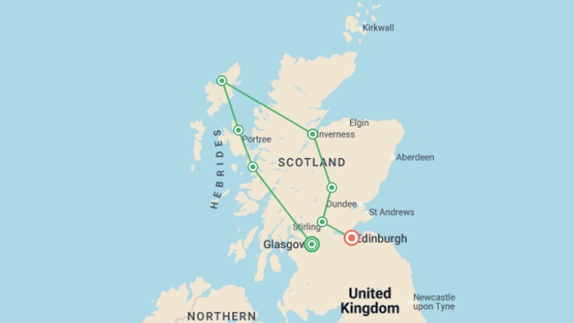A map showing the tour itinerary for the trip: Spirit of Outlander - 16 Day Tour, starting in Glasgow, Scotland and ending in Edinburgh, Scotland going through 6 other destinations.