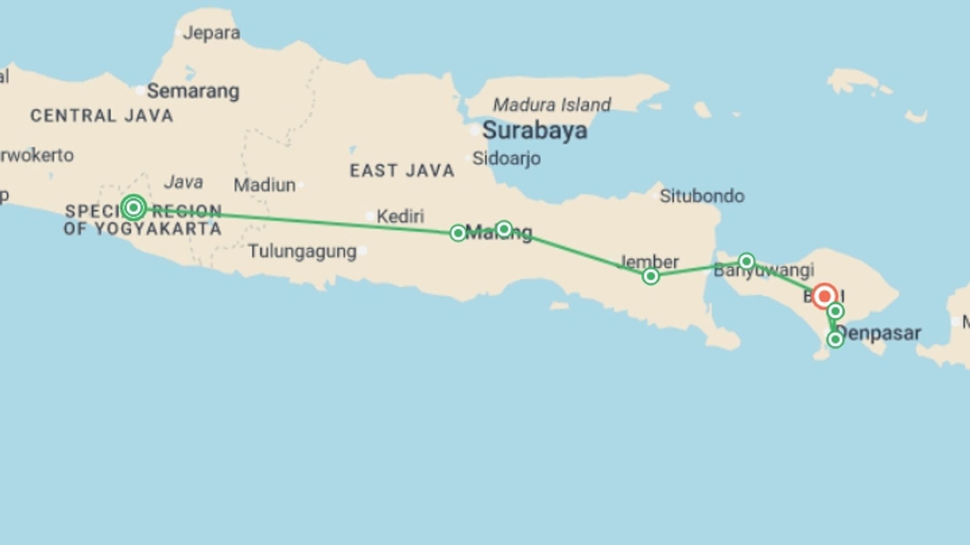 A map showing the tour itinerary for the trip: Exotic Java and Bali, starting in Yogyakarta, Indonesia and ending in Bali, Indonesia going through 6 other destinations.