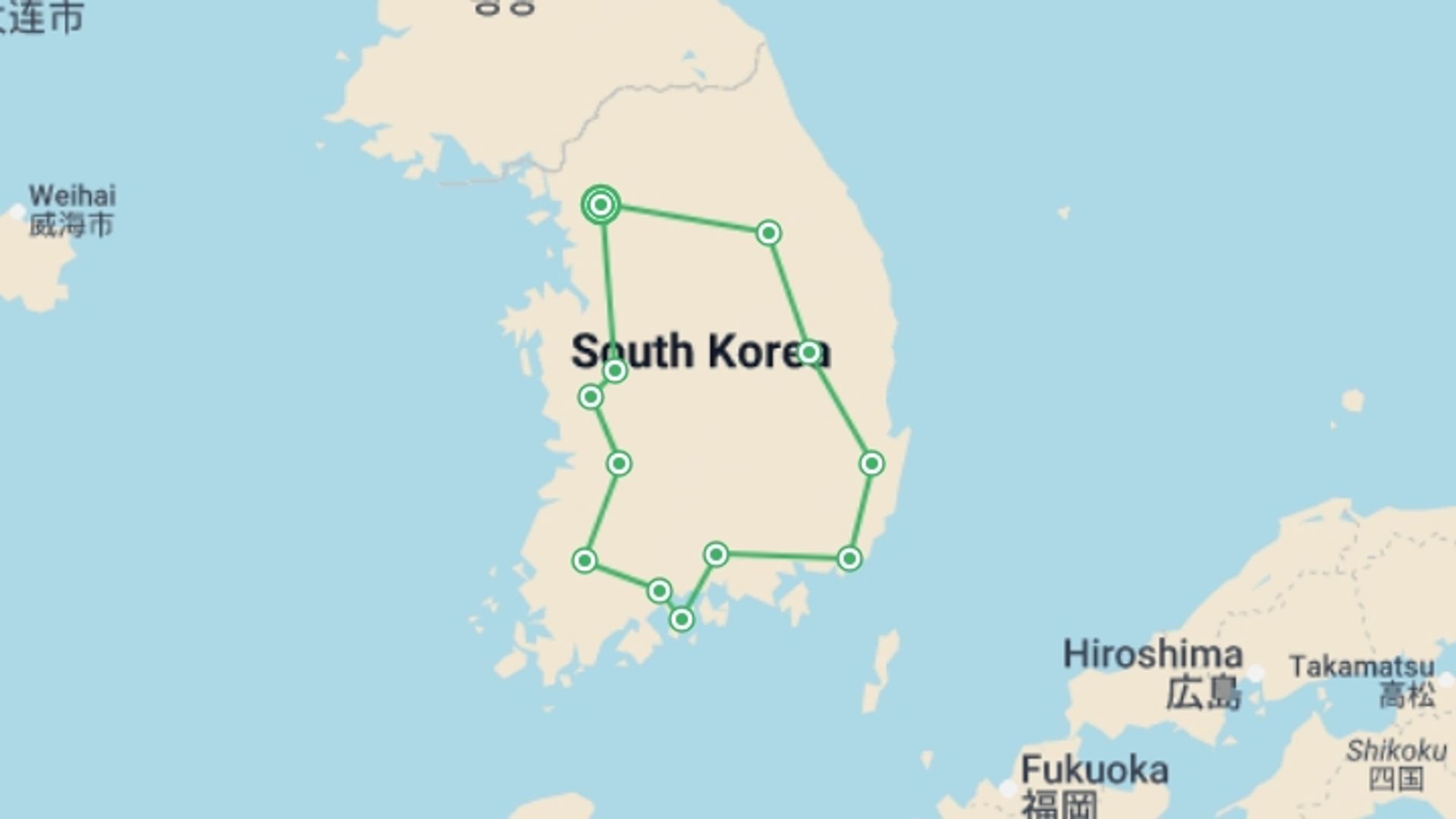 A map showing the tour itinerary for the trip: South Korea Golden Route 8D/7N, starting in Seoul, South Korea and ending in Seoul, South Korea going through 4 other destinations.